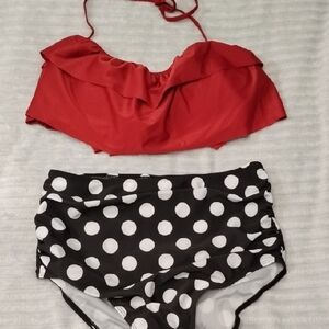 Red Ruffled Bikini Top with Black and White Polka Dot Bottoms Vacation Feminine
